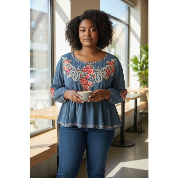 Savanna Jane Top Womens 2X Embroidered Cinch Waist Long Sleeve Peasant Boho Blue - Picture 1 of 7